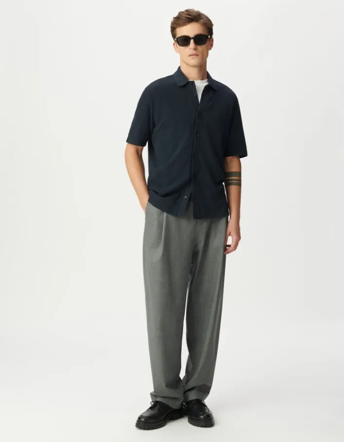 Chemise manches courtes marine maille rayures relief Homme