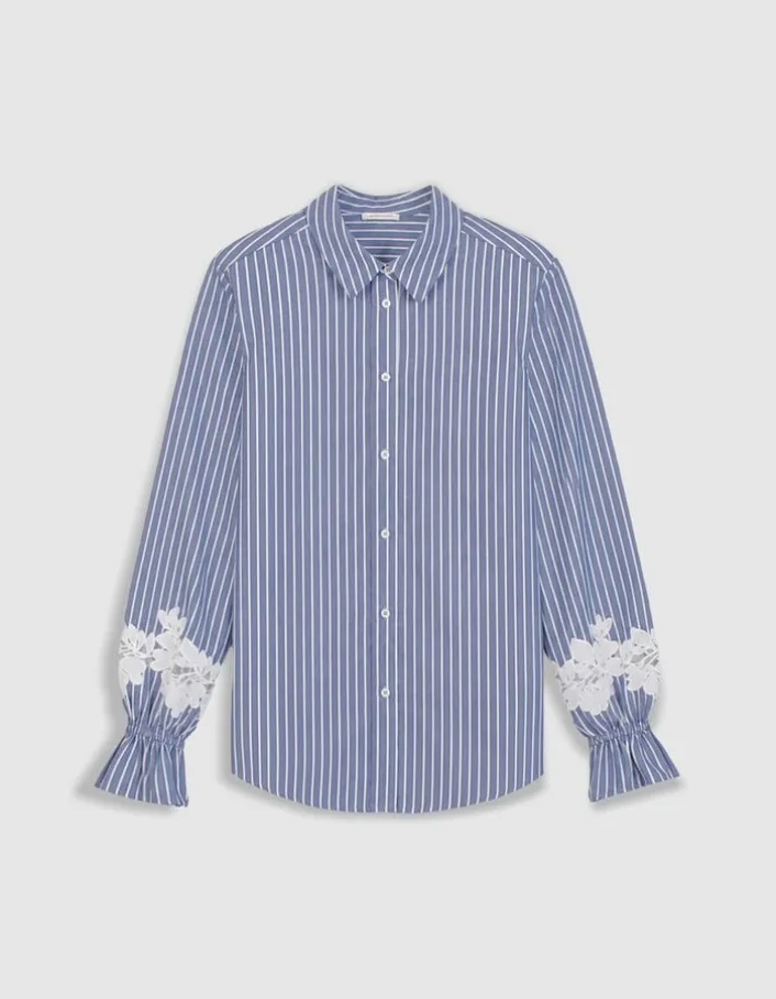 Chemise rayures bleue détails broderies fleurs Femme