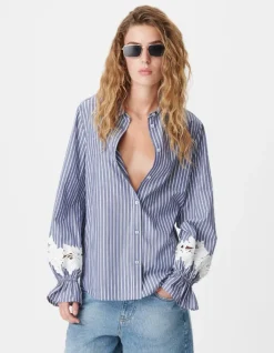 Chemise rayures bleue détails broderies fleurs Femme