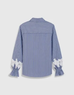 Chemise rayures bleue détails broderies fleurs Femme