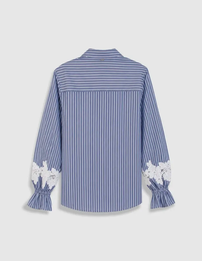 Chemise rayures bleue détails broderies fleurs Femme