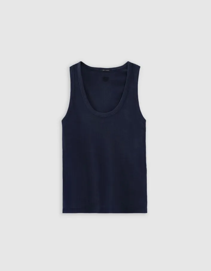 Débardeur marine maille côtelée chevrons brodés dos Femme