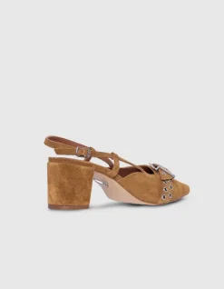 Escarpins slingback camel cuir velours Femme