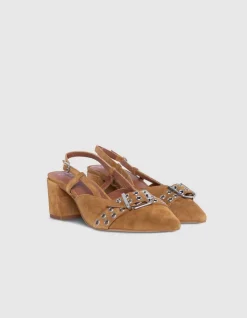 Escarpins slingback camel cuir velours Femme