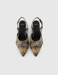 Escarpins slingback marron cuir effet python Femme