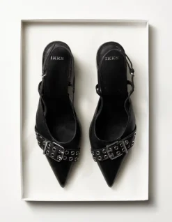 Escarpins slingback noirs cuir boucle oeillets Femme