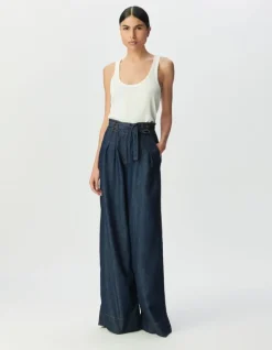 Jean large bleu taille haute ceinturé Femme