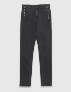 Jean slim gris taille haute détails clous Nina Femme