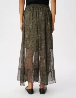 Jupe longue asymétrique kaki imprimé cachemire Femme