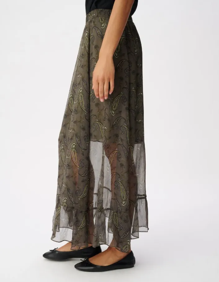 Jupe longue asymétrique kaki imprimé cachemire Femme