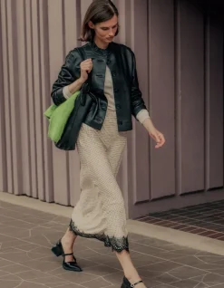 Jupe longue écrue satinée motif pois et dentelle Femme
