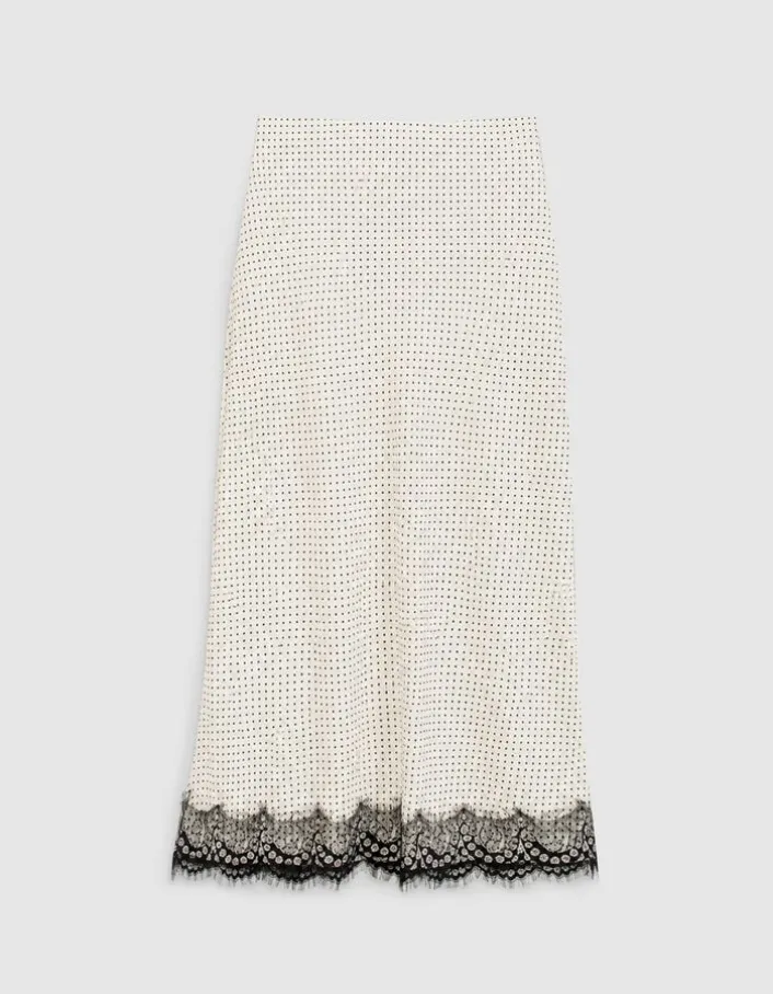 Jupe longue écrue satinée motif pois et dentelle Femme