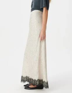 Jupe longue écrue satinée motif pois et dentelle Femme