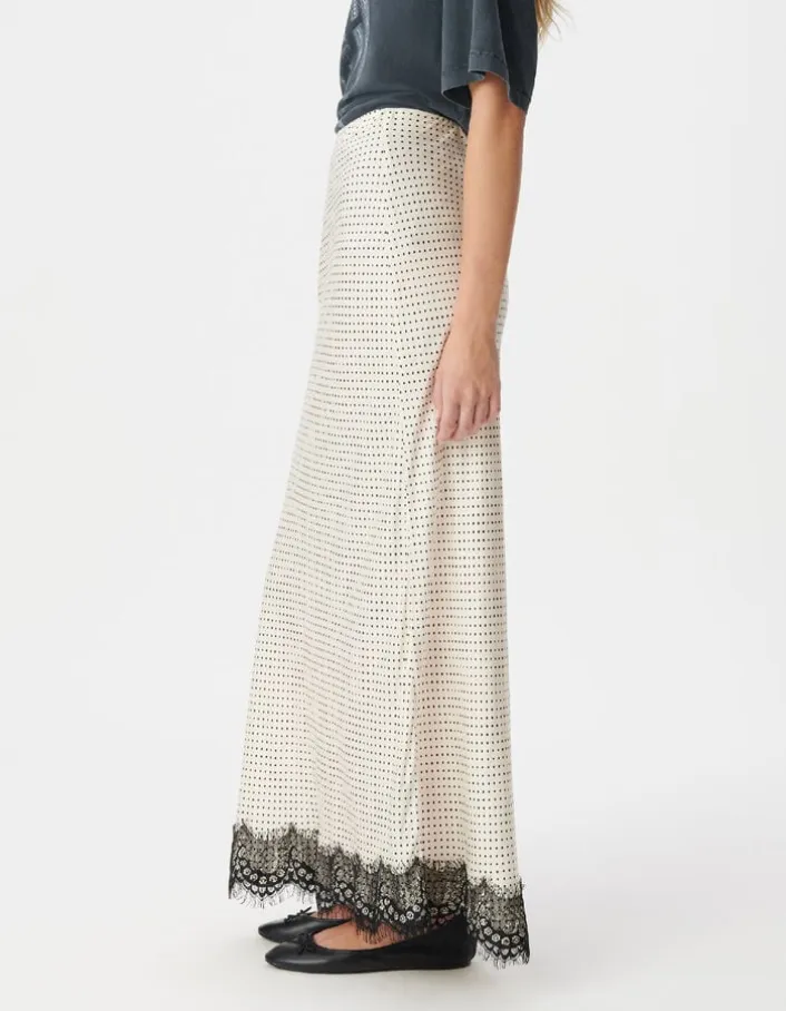 Jupe longue écrue satinée motif pois et dentelle Femme