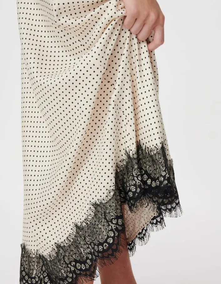 Jupe longue écrue satinée motif pois et dentelle Femme