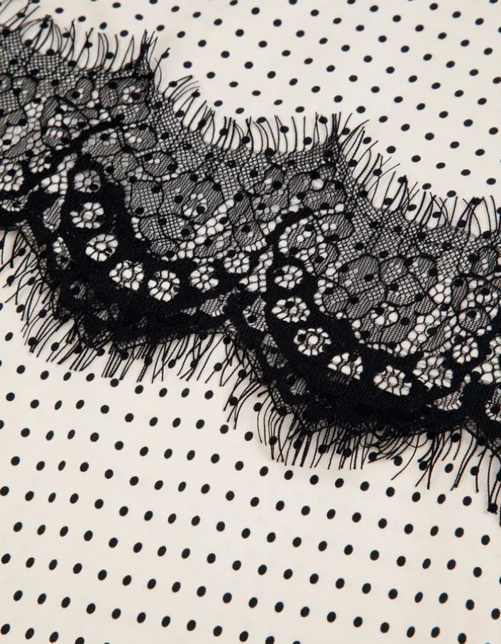 Jupe longue écrue satinée motif pois et dentelle Femme