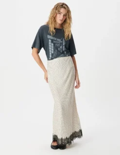 Jupe longue écrue satinée motif pois et dentelle Femme