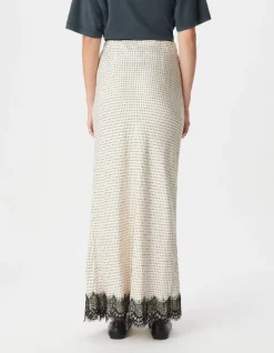 Jupe longue écrue satinée motif pois et dentelle Femme