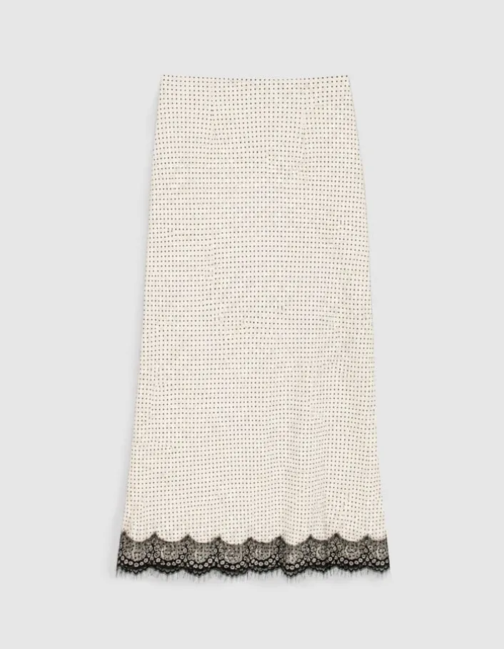 Jupe longue écrue satinée motif pois et dentelle Femme