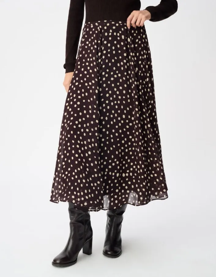 Jupe longue marron imprimé pois taille haute Femme
