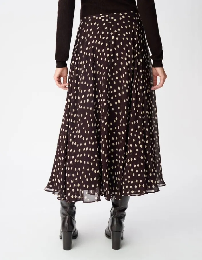 Jupe longue marron imprimé pois taille haute Femme
