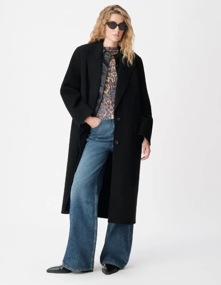 Manteau long droit noir lainage Femme