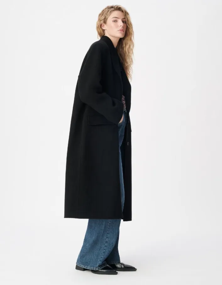 Manteau long droit noir lainage Femme