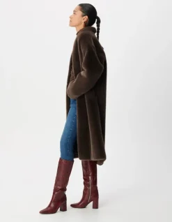Manteau long marron col montant avec ceinture Femme