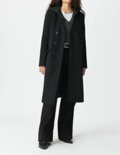 Manteau long noir parementure à capuche amovible Femme