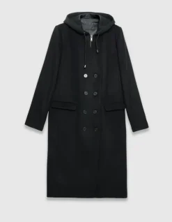 Manteau long noir parementure à capuche amovible Femme