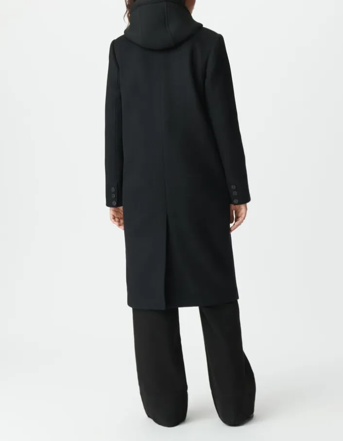 Manteau long noir parementure à capuche amovible Femme