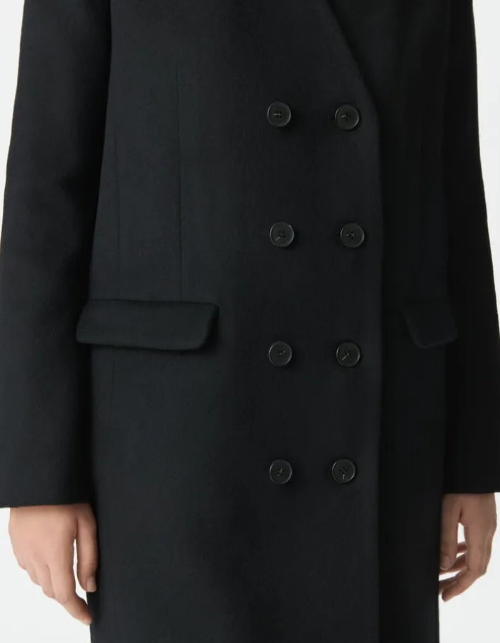 Manteau long noir parementure à capuche amovible Femme