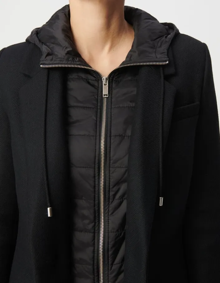 Manteau mi-long noir capuche matelassée amovible Femme