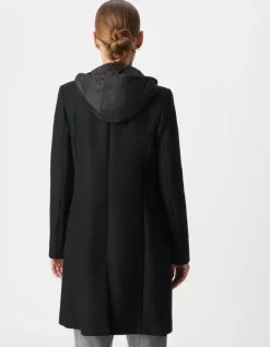 Manteau mi-long noir capuche matelassée amovible Femme