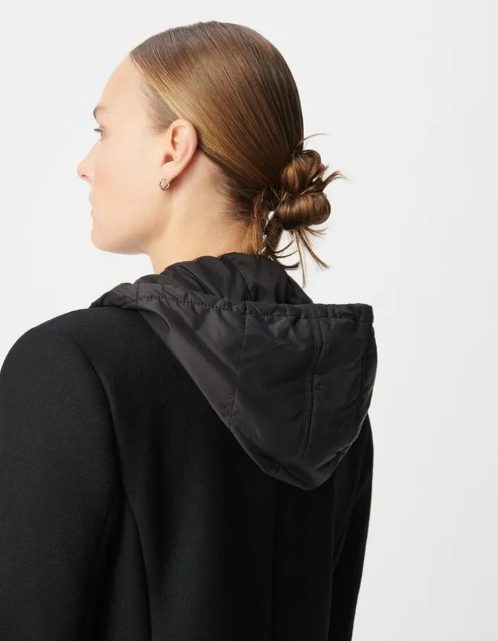 Manteau mi-long noir capuche matelassée amovible Femme