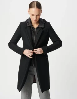 Manteau mi-long noir capuche matelassée amovible Femme