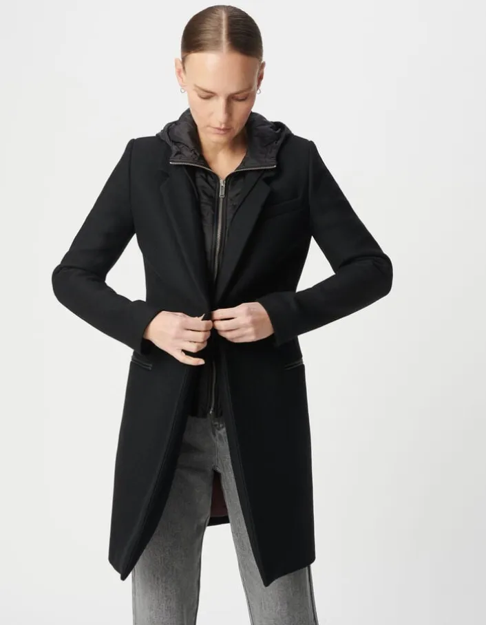 Manteau mi-long noir capuche matelassée amovible Femme