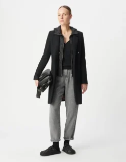 Manteau mi-long noir capuche matelassée amovible Femme
