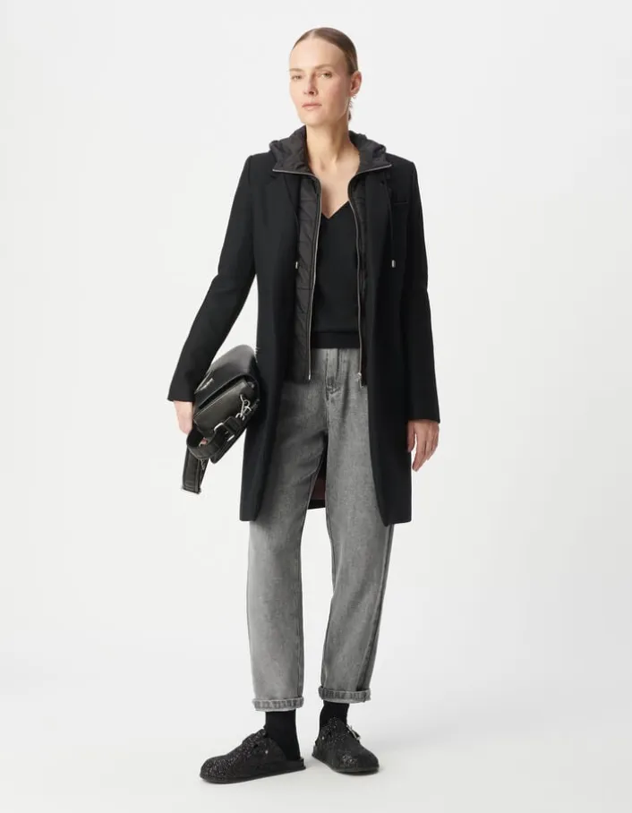 Manteau mi-long noir capuche matelassée amovible Femme