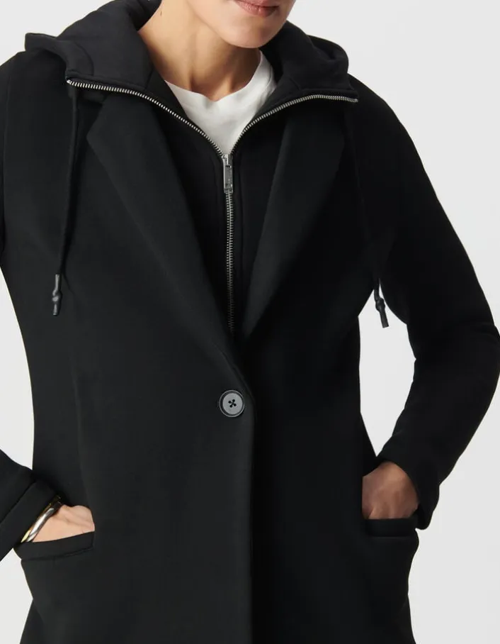 Manteau noir néoprène capuche amovible Femme