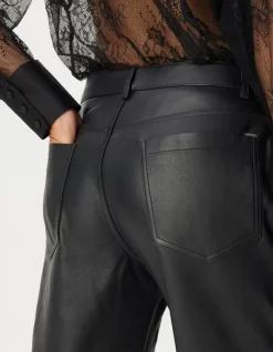 Pantalon droit en cuir noir Femme