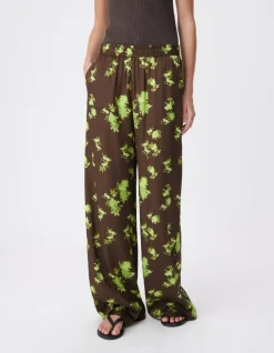 Pantalon fluide marron imprimé tachiste flou Femme
