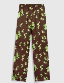 Pantalon fluide marron imprimé tachiste flou Femme
