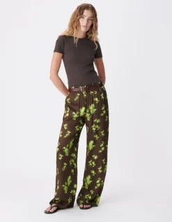 Pantalon fluide marron imprimé tachiste flou Femme
