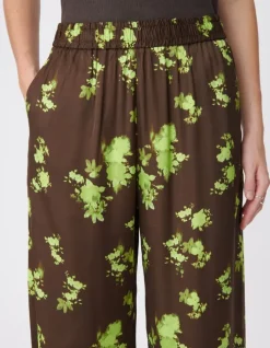 Pantalon fluide marron imprimé tachiste flou Femme