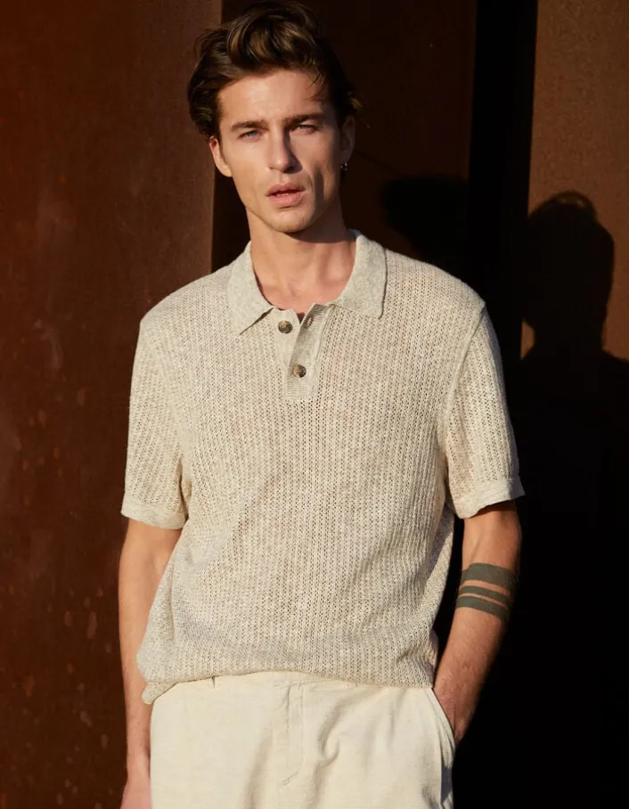 Polo beige tricot ajouré fantaisie Homme