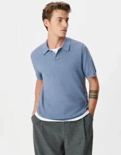 Polo manches courtes bleu coton flammé Homme