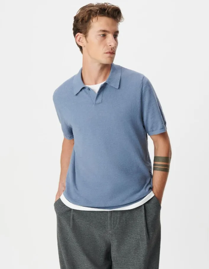 Polo manches courtes bleu coton flammé Homme