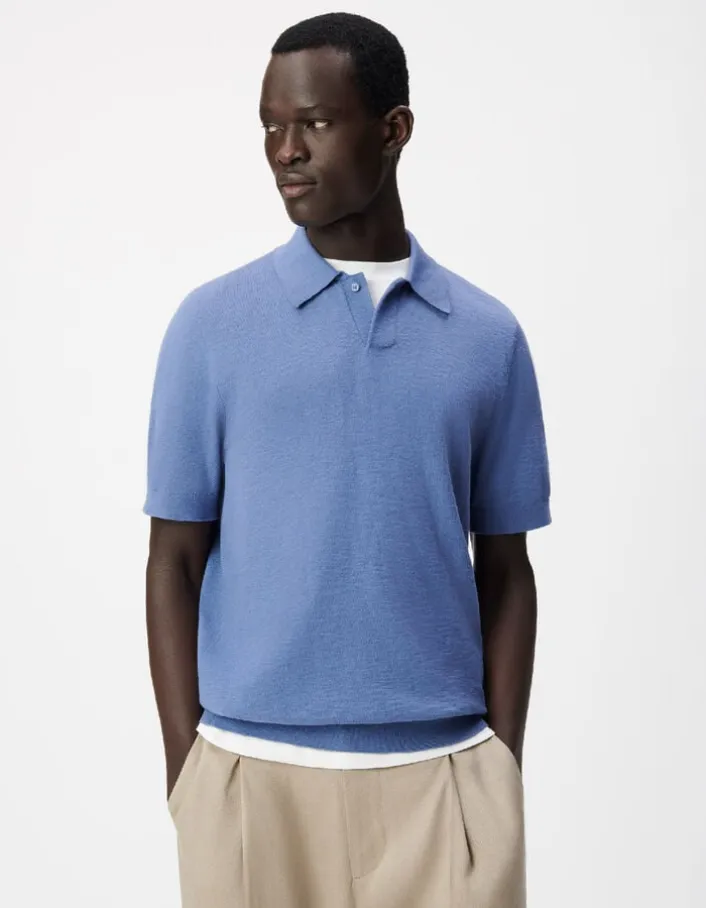 Polo manches courtes bleu maille flammée Homme