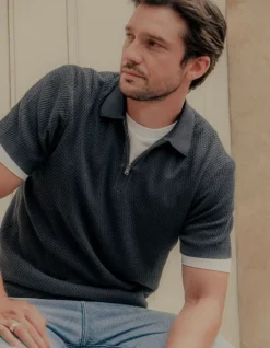 Polo manches courtes marine tricot relief ajouré Homme